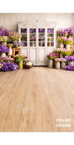 Tło fotograficzne „Biała witryna z tulipanami i bzem” | E838